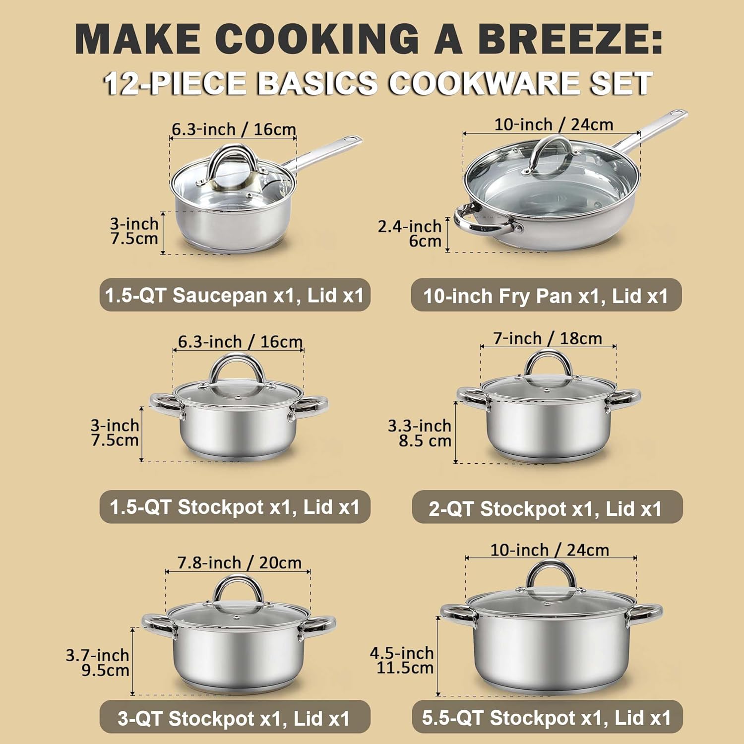 Cook N Home 12-Piece Stainless Steel Cookware Set β Durable & Stylish Kitchen Essentials π²β¨ - Image 2