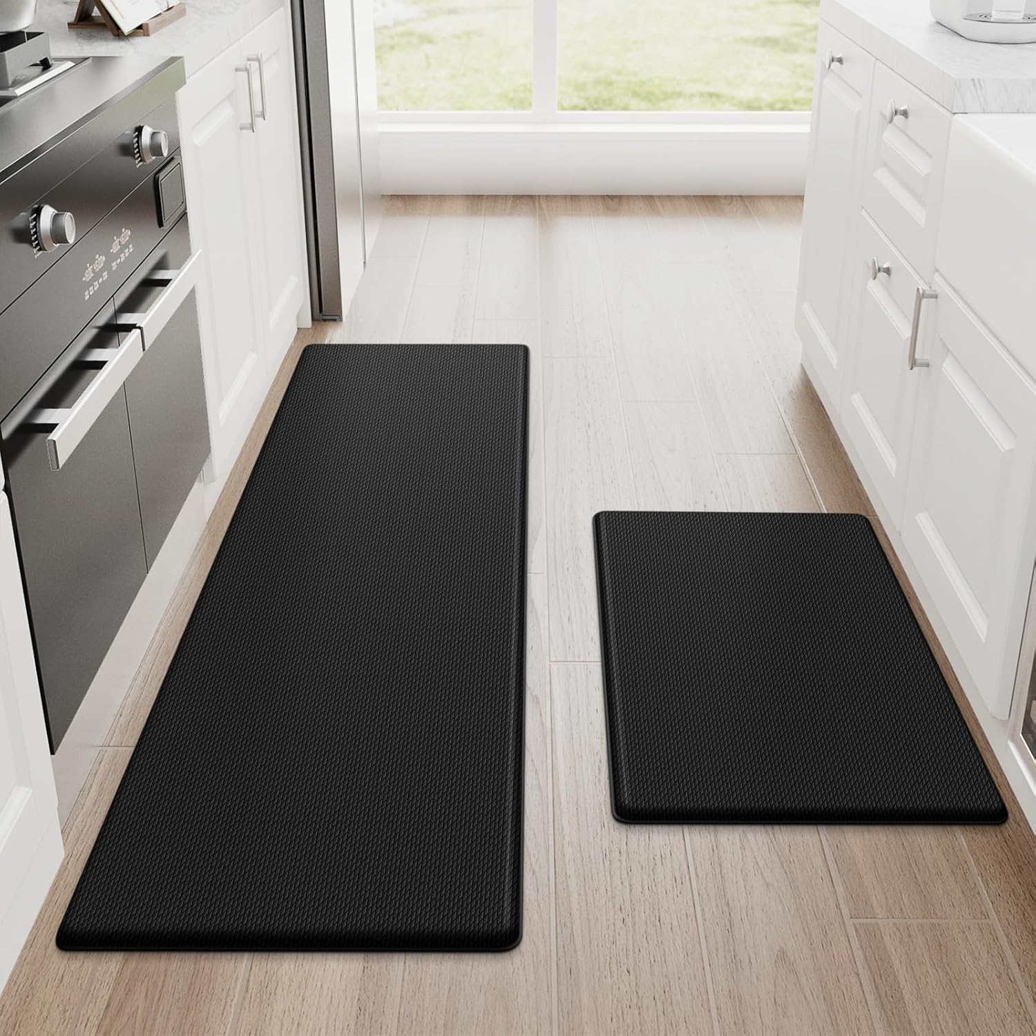 StepRite Kitchen Mats, 2PCS Cushioned Anti-Fatigue Kitchen Rugs – Non-Slip & Waterproof (Black)