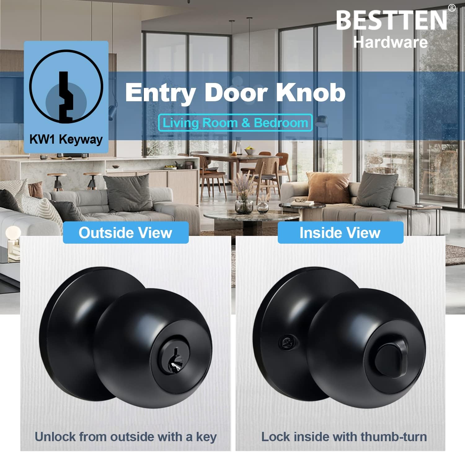 BESTTEN Keyed Entry Door Knob – All-Metal Matte Black Entrance Lock - Image 3